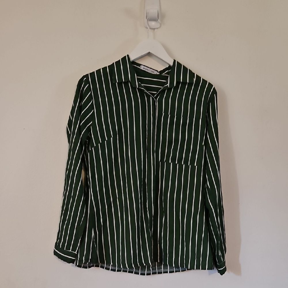 MISSLOOK Green and White Striped Button Down Shirt